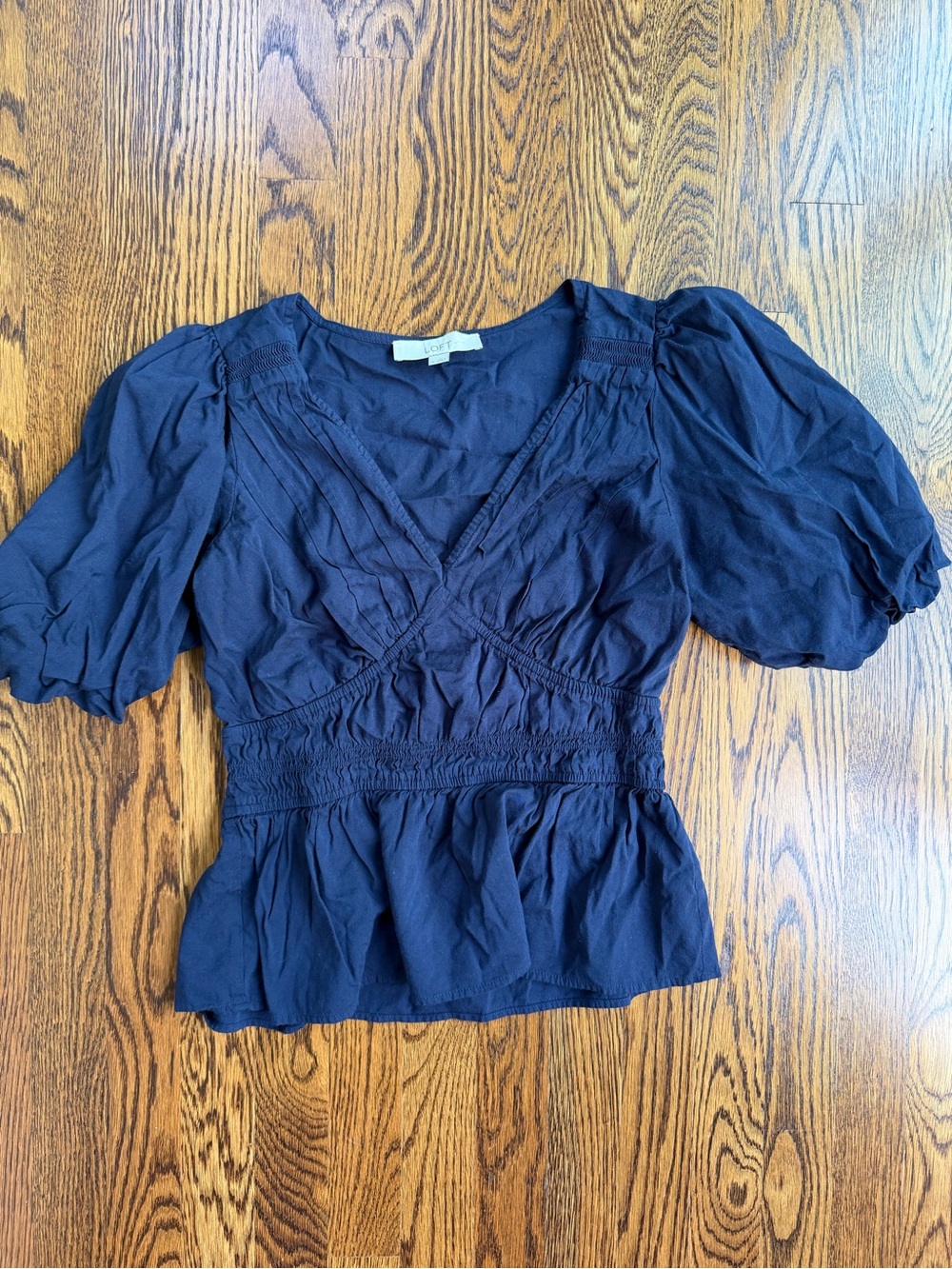 LOFT Navy Cotton Blend Puff Sleeve V-Neck Tiered Top